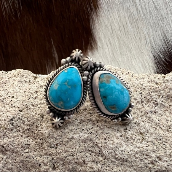 Southwest Jewelry - ❤️ Blue Ridge Turquoise Matte Sterling Teardrop Navajo Style Stud Earrings .92”L